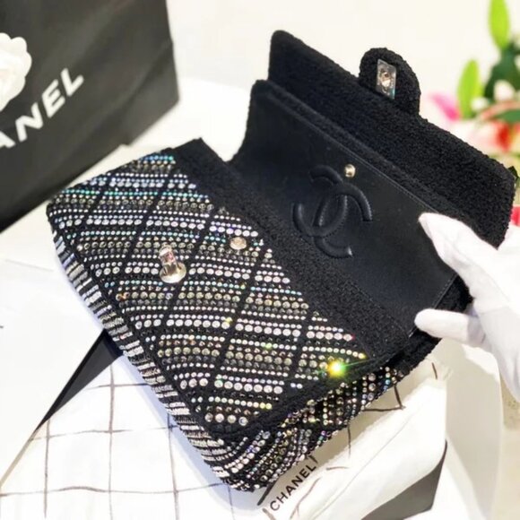 CHANEL Strass Swarovski Crystal Black Tweed Medium Classic Double Flap Bag - Picture 4 of 5